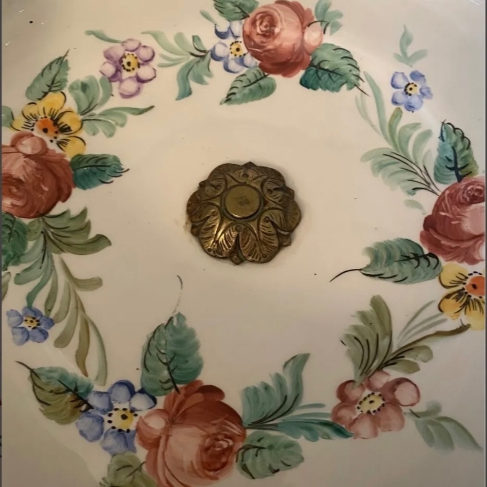 Vintage Floral Porcelain Brass Base Bowl - Picture 7 of 7